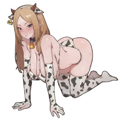 1girls, 5t (artist), all fours, ass, big breasts, bikini, breasts, cow bikini, cow ears, cow horns, cow print, cowbell, eye contact, female, gloves