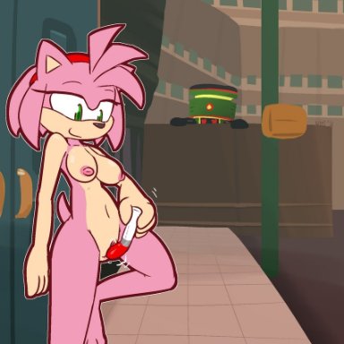 <3 eyes, 3 toes, 4 fingers, amy rose, anthro, anthro focus, badnik, black nose, bodily fluids, breasts, clitoris, detailed background, dildo, dildo in pussy, dildo insertion