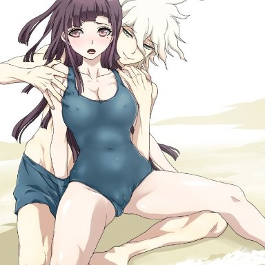 1boy, 1boy1girl, 1girls, beach, big breasts, big breasts, danganronpa, danganronpa 2: goodbye despair, danganronpa 3, green eyes, long hair, nagito komaeda, purple eyes, purple hair, short hair