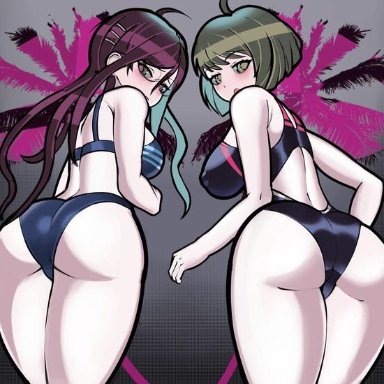 2girls, ass focus, big ass, big breasts, big breasts, big butt, danganronpa, danganronpa ultra despair girls, embarrassed, female only, fukawa touko, glasses, green eyes, green hair, long hair