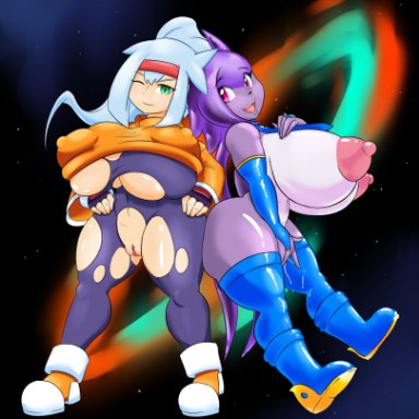 2girls, alternate breast size, anthro, big breasts, character request, female, freedom planet, human, humanoid, nude, nude female, original, original character, sanka-tetsu, torn clothes