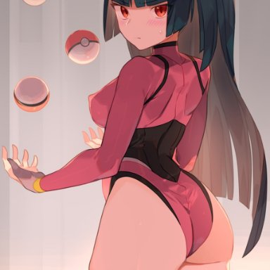1girls, ass, black hair, blush, clothed, dat ass, female, female only, gym leader, long hair, looking at viewer, looking back, pokeball, pokeballs, pokemon