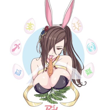 1girls, :p, alternate costume, animal ears, bangs, bare shoulders, between breasts, breasts, brown eyes, brown hair, bunny ears, bunny girl, bunnysuit, carrot, cleavage