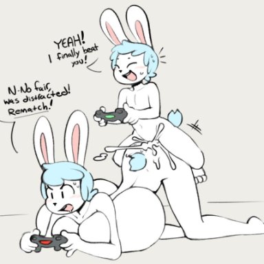1boy1girl, angstrom, breast press, brother and sister, casual sex, cum, gaming, hyper breasts, incest, lagomorph, lagomorph humanoid, larger female, marco (angstrom), molly (angstrom), rabbit