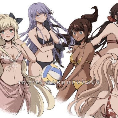 5girls, asahina aoi, blonde hair, blue eyes, brown hair, cruuuuuuus, danganronpa, danganronpa 2: goodbye despair, danganronpa v3, dark-skinned female, female only, gloves, green eyes, harukawa maki, junko enoshima