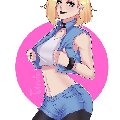 android 18, blonde hair, dragon ball, goth, looking at viewer, short hair, tulipsie