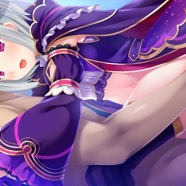 1boy, ass grab, bangs, black legwear, blush, cape, clothed female nude male, detached sleeves, eyebrows visible through hair, female, game cg, hat, long sleeves, lost noah, midriff