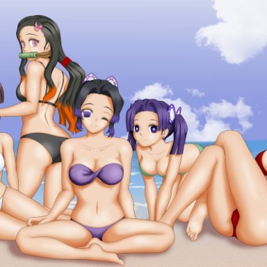 5girls, bangs, beach, big breasts, bikini, black bikini, black hair, blue eyes, blue hair, braided hair, butterfly hair ornament, cleavage, demon slayer, female only, gag