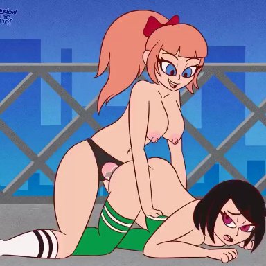 animated, black hair, blue eyes, breasts, delalicious3, doggy style, kaliethva, kunio-kun, kyoko (kunio-kun), misako (kunio-kun), nipples, nude, orange hair, outside, pink eyes