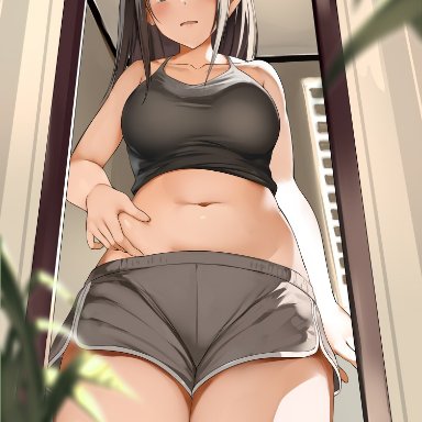 1girl, bangs, bare arms, bare shoulders, black hair, blue eyes, bow, bow hairband, breasts, camisole, collarbone, dolphin shorts, eyebrows visible through hair, grey shorts, hair bow