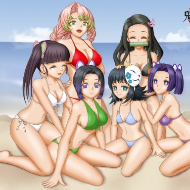 6girls, beach, big breasts, bikini, black bikini, black hair, blue bikini, blue eyes, blue hair, braided hair, butterfly hair ornament, cleavage, demon slayer, female only, gag