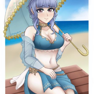 1girls, absurdres, alternate costume, bangs, bare midriff, bare shoulders, beach, big breasts, bikini, blue bikini, blue hair, blue swimsuit, blush, blushing, breasts