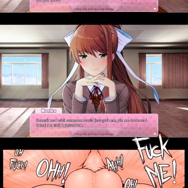 1boy, 1girls, anus, ass, backsack, begging, big penis, blue skirt, brown hair, captainjerkpants, clothed sex, clothing, couple, ddlc text box, dirty talk