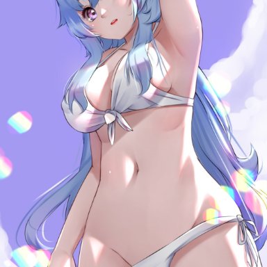 blue hair, bra, female, ganyu (genshin impact), genshin impact, horns, long hair, navel, ozzyart, panties, purple eyes, solo, standing, underwear