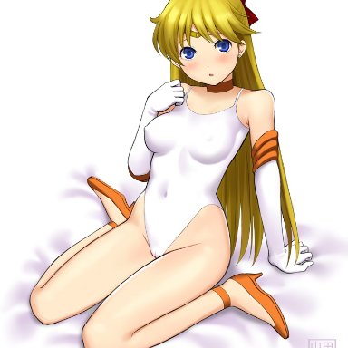 1girls, cameltoe, color, colored, elbow gloves, hero pose, leotard, nipples visible through clothing, sailor venus, tagme