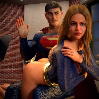 3d, arrowverse, bare faced cheek, bending over, bending over on knees, bent over, blonde hair, blue eyes, cape, celebrity, clark kent, clothed, costume, costumes, cousin