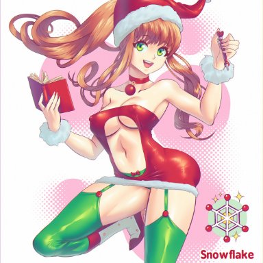 1girls, absurdres, big breasts, bimbo, breasts, brown hair, christmas, cleavage, doki doki literature club, female, female only, green eyes, highres, large breasts, long hair