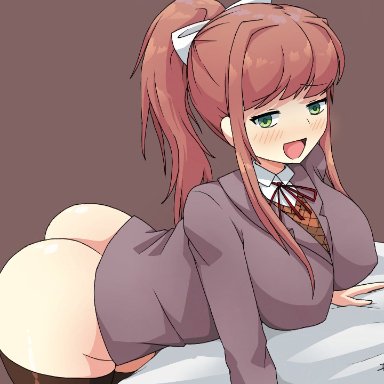 1girls, ass, ass focus, bed, big breasts, blush, breasts, doki doki literature club, female, female only, green eyes, monika (doki doki literature club), open mouth, ribbon, school uniform