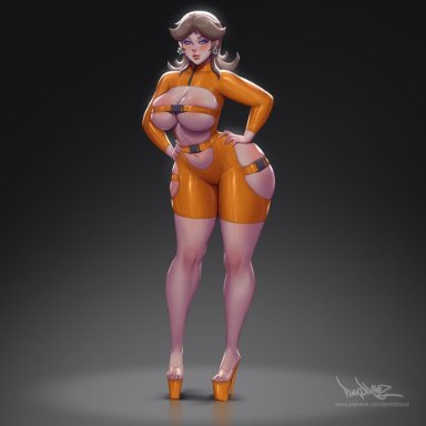 1girls, big breasts, breasts, female, female only, large breasts, mario (series), pinkdrawz, princess daisy, solo, super mario bros., thick thighs, wide hips