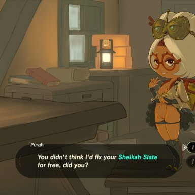 areolae, backpack, breasts, breath of the wild, female, glasses, goggles, heightes, nipples, panties, purah, red eyes, sheikah, text, the legend of zelda