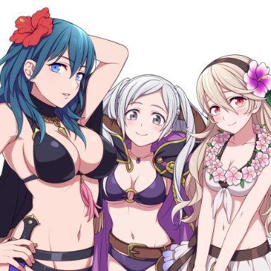 3girls, belt, bikini, bikini skirt, black bikini, blue eyes, blue hair, braid, breasts, byleth (fire emblem), byleth (fire emblem) (female), cleavage, coat, coat on shoulders, commentary request