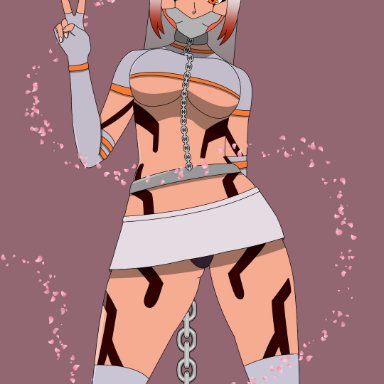 absurd res, big breasts, body markings, breasts, chains, collar, collar chain, face markings, fanart, horn, light blue shirt, long hair, low-angle view, mask, orange eyes