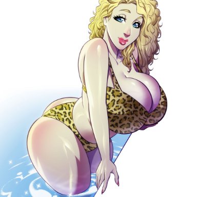 bikini, blonde hair, blue eyes, bubble butt, cleavage, huge breasts, iacolare, jacogram, leopard print, leopard print bikini, long hair, looking at viewer, original, original character, pool