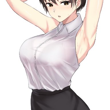 1girls, anju (pixiv68222748), armpits, blush, brown hair, female, large breasts, looking at viewer, original, pale-skinned female, simple background, solo focus, sweat