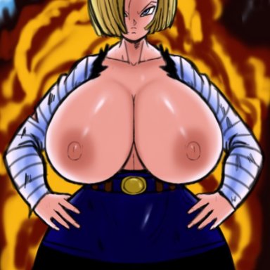 1girls, big breasts, breasts, clothed, clothing, dragon ball, dragon ball z, explosion, front view, hand on hio, hand on own hip, huge breasts, looking at viewer, mallow strife, mature female