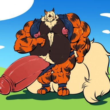 3 toes, 5 fingers, anthro, arcanine, balls, belly, big balls, big belly, big muscles, big nipples, big pecs, big penis, big tail, black belly, black stripes