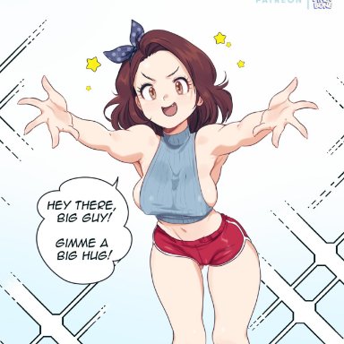 1girls, 2021, armpits, ass visible through thighs, bare arms, bare legs, bare shoulders, bluethebone, bluethebone (character), bow, breasts, brown eyes, brown hair, clothing, english text