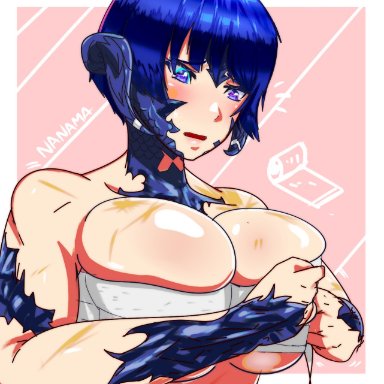 au ra, big breasts, blue eyes, blue hair, blush, breasts, final fantasy, final fantasy xiv, horns, nanama kha, sarashi, scales, scars, short hair, wrappings