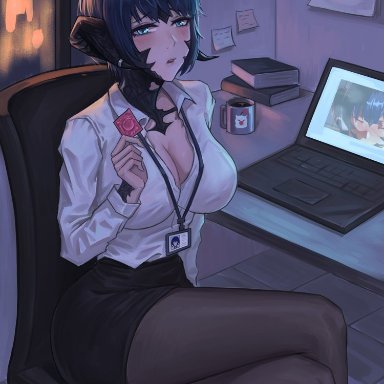 au ra, blue eyes, blush, blushing, button down shirt, cleavage, computer, computer screen, condom, condom in hand, final fantasy, final fantasy xiv, id card, implied fellatio, implied sex