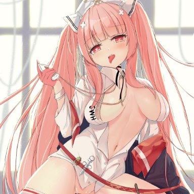 azur lane, bottomless, censored, no bra, nurse, open shirt, penis, perseus (azur lane), pussy, pussy juice, semisweet, sex, thighhighs