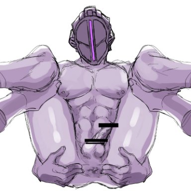 anus, balls, bar censor, big pecs, bondrewd, disembodied hand, helmet, legs held open, legs up, made in abyss, male only, mask, pecs, penis, solo focus