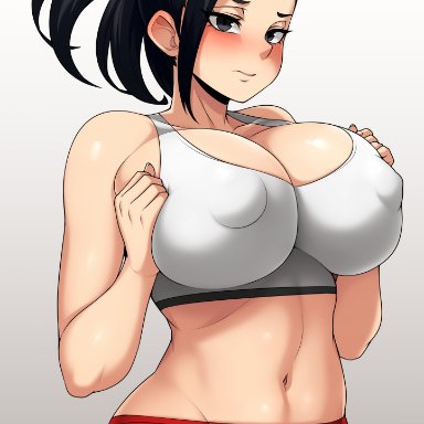 1girls, absurd res, black eyes, black hair, bra, breast hold, breasts, cameltoe, cleavage, embarrassed, erect nipples, erect nipples under clothes, female, gradient, gradient background