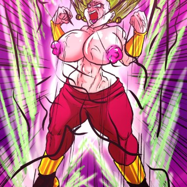 1girls, bare shoulders, big breasts, blue eyes, breasts, caulifla, cleavage, cleavage cutout, covered navel, cowboy shot, curvaceous, curvy, curvy figure, dragon ball, dragon ball super