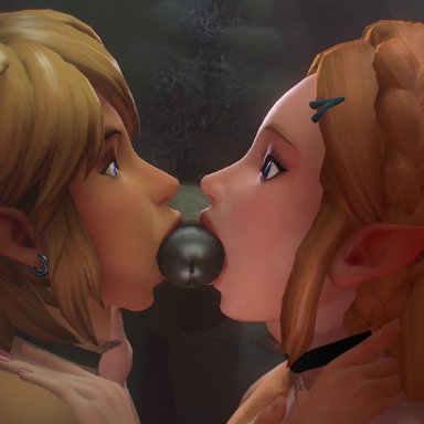 1girls, 2boys, 3d, animated, big penis, double fellatio, ella hollywood, fellatio, female, femboy, fugtrup, ganondorf, girly, kissing, link