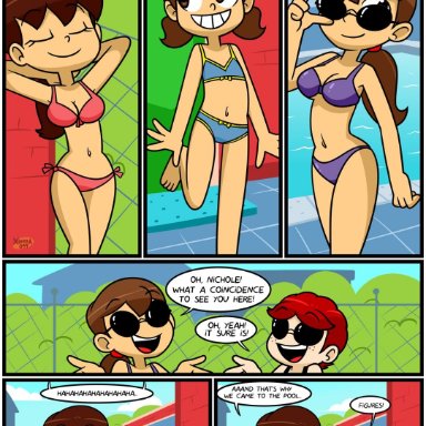 4girls, blue bikini, brown hair, chloe (xierra099), comic, dialogue, light-skinned female, lovin’sis, lucy (xierra099), mother and daughter, nichole (xierra099), pale-skinned female, pink bikini, ponytail, public pool