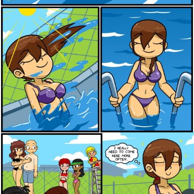 2boys, 6girls, bald, bald male, bald man, black bikini, black hair, blonde hair, blonde hair, blue bikini, blue swimsuit, brown hair, carla (xierra099), chloe (xierra099), comic