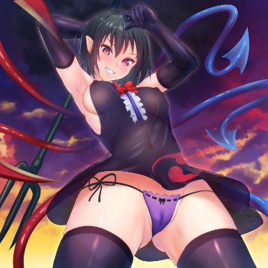 :d, adapted costume, arm behind head, armpits, arms up, ass visible through thighs, asymmetrical wings, black dress, black gloves, black legwear, blue wings, blush, breasts, cameltoe, covered nipples