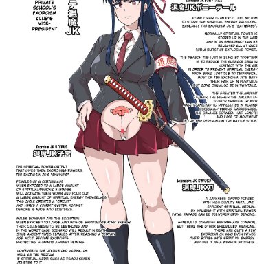 black hair, character profile, character sheet, chart, fan no hitori, katana, long socks, magical girl, no panties, ponytail, pussy, ribbon, school uniform, serious, skirt