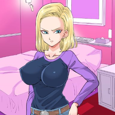 1girls, android 18, blonde hair, blue eyes, cameltoe, cleavage, curvy, dragon ball, erect nipples, female, huge areolae, huge ass, huge breasts, puffy nipples, shimofuritei