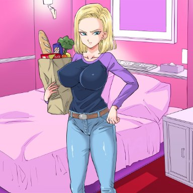 1girls, alternate version available, android 18, blonde hair, blue eyes, cameltoe, cleavage, curvy, dragon ball, erect nipples, female, huge areolae, huge ass, huge breasts, puffy nipples