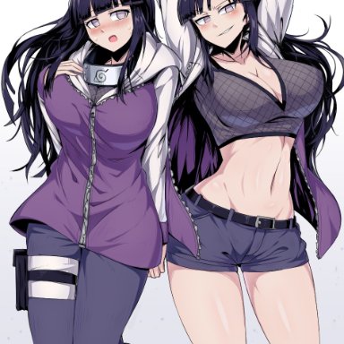 2girls, arms up, blunt bangs, blush, breasts, busty, cleavage, embarrassed, female, female only, fishnets, forehead protector, hoodie, hyuuga hinata, hyuuga hinata (naruto: road to ninja)