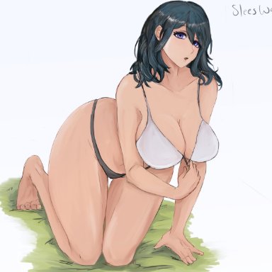 1girls, black panties, black thong, blue eyes, byleth (fire emblem), byleth (fire emblem) (female), cleavage, clothes pull, collarbone, fire emblem, fire emblem: three houses, looking at viewer, medium hair, nintendo, on ground