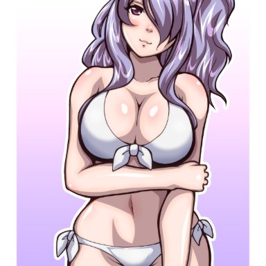 alternate costume, alternate hairstyle, bikini, camilla (fire emblem), cleavage, collarbone, fire emblem, fire emblem fates, hair over one eye, head tilt, holding own arm, huge breasts, inabakun00, large breasts, long hair