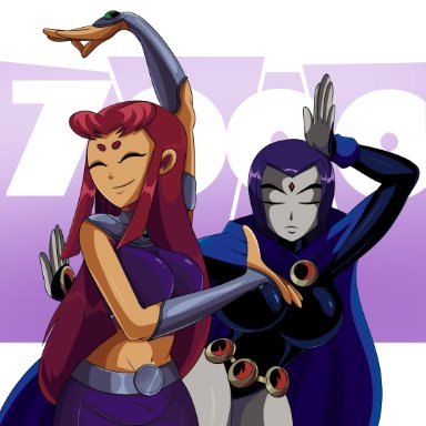 2girls, big breasts, dancing, fully clothed, hi res, keep your hands off eizouken, posing, purple hair, raven, red hair, sonson-sensei, starfire, teen titans