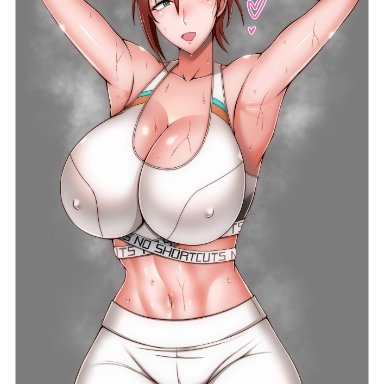 after exercise, after workout, armpits, brown hair, covered in sweat, curvaceous, curvy, exposed midriff, green eyes, hands behind head, hands on head, heart, huge breasts, idolmaster, idolmaster cinderella girls