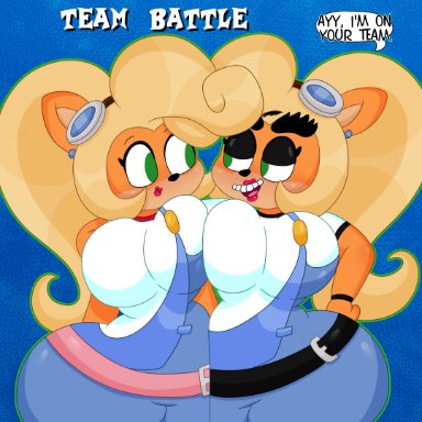 2girls, 3barts, coco bandicoot, crash (series), fake coco, female, fur, furry, large ass, large breasts, thick thighs, wide hips, yuri